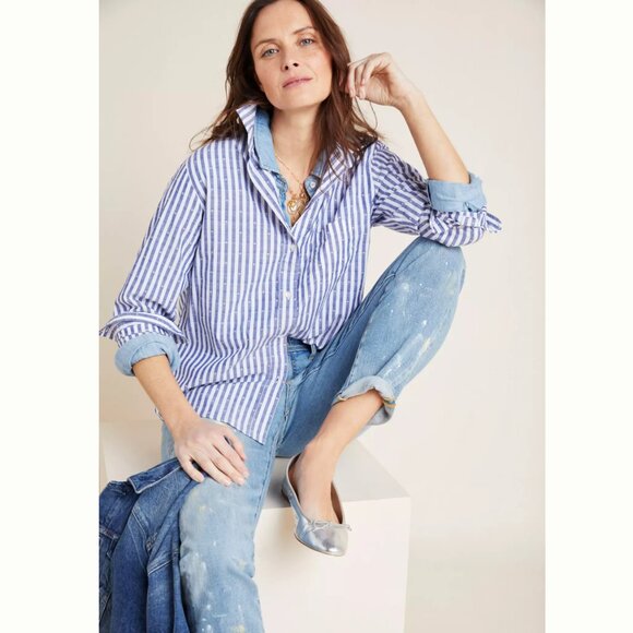 NWT GRAYSON for ANTHROPOLOGIE The Hero Buttondown Shirt Blue Stripe Size M 03 - Picture 2 of 10